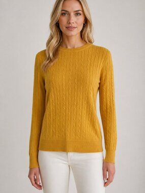 Kim Rogers Petite PS Cable Knit Cotton Crewneck Sweater Mustard Yellow
